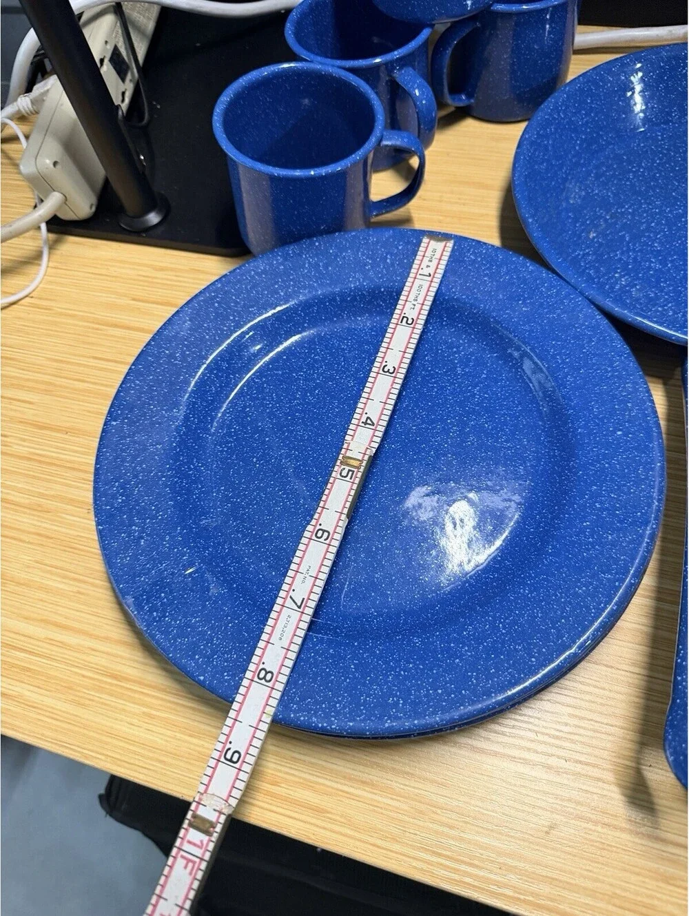 Blue Speckled 9 piece Camping Dish Set for 4 hiking skillet plates cups